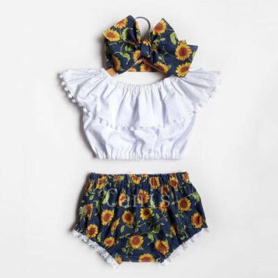 

US Summer Toddler Baby Girl Clothes Ruffle Tops Sunflower Shorts Outfits Sunsuit