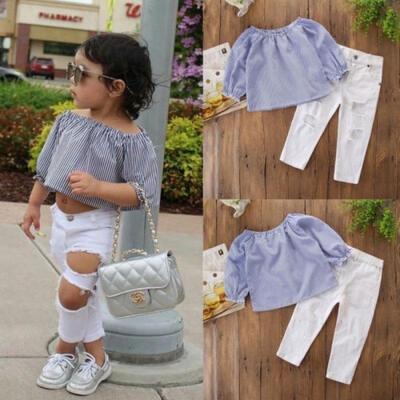 

2018 New Toddler Kids Baby Girls Off Shoulder Tops T-shirt Hole Pants Outfits Clothes