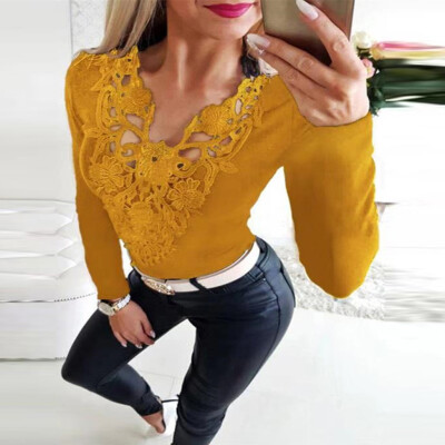 

Tailored Womens Solid Long Sleeve Lace Knit V-Neck Blouse Tops