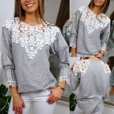 

Starmoon Women Autumn Fashion Long Sleeve Solid Lace Loose O-Neck Tops Blouse