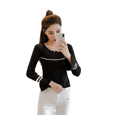 

Women Casual Striped Print Round Neck Slim Stretch Long Flare Sleeve Bottoming Pullpvers Tops Autumn Versatile Loose Tops Female