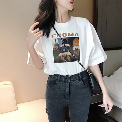 

Womens Round Neck Character & Letters Print Short Sleeve Pullover Loose Lycra T-Shirt
