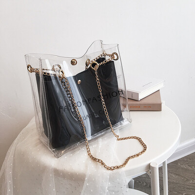 

Advanced foreign gas bag chain jelly transparent bag new 2019 summer mother bucket bag fresh oblique satchel bag