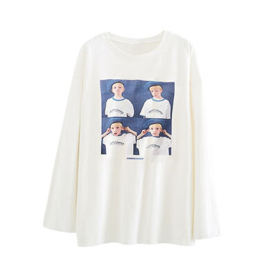 

Women Slim Round Collar Summer Cartoon Print Loose Long Sleeve Casual Simple Wild T-Shirt