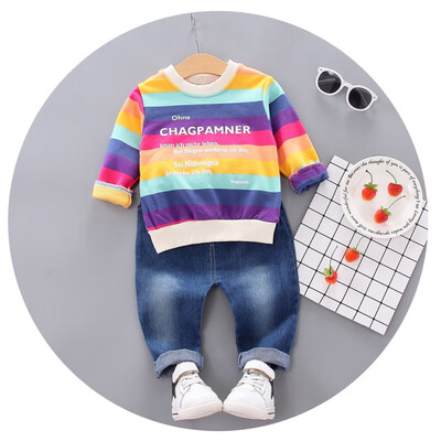 

Autumn Baby Boy Girl Long Sleeve Rainbow Stripe Letter Print Sweatshirt TopsDenim Pants Trouser Costume Set