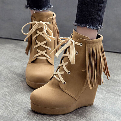 

Rose Fashion Wedge Heel Boots High Heels Solid Color Lace-Up Round Toe Women Shoes