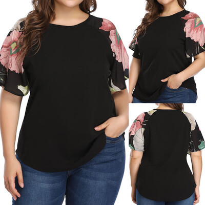 

Roseonmyhand Fashion Women Casual Floral Print Tops O-Neck Solid Blouse Short Sleeve T-shirt