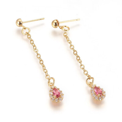 

Brass Cubic Zirconia Stud Earrings with Cable Chains Drop Golden HotPink 5758mm Pin 08mm