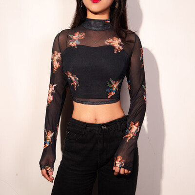 

Starmoon Fashion Women Casual Printed O-Neck Long Sleeve Mesh Tops Tee