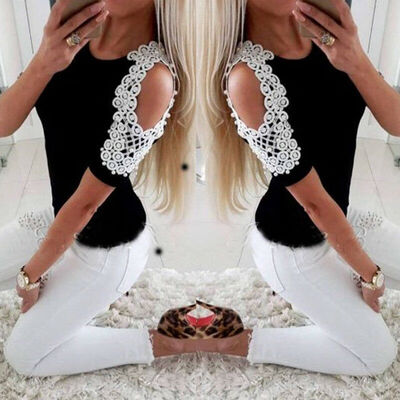 

Women Pearl Cold Shoulder T-Shirt Tops Short Sleeve Summer Casual Tee Shirts Blouse