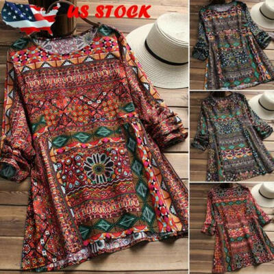 

US Women Vintage Printed Tunic Tops Casual Loose Tops Cotton Linen Blouse Shirt