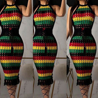 

Sexy Womens Rainbow Halter Neck Boho Bodycon Beach Party Dress Sundress Holiday