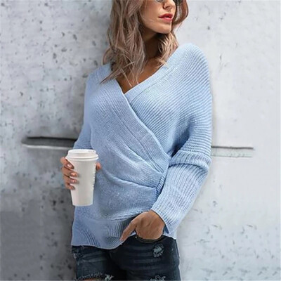 

Womens Slim Fit Solid Color Sweater Tops Cross V-neck Long Sleeve Casual Blouse