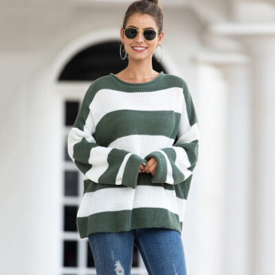 

Women Autumn Stylish Concise All-match Striped Loose Round Collar Long Sleeve Sweet Sweater