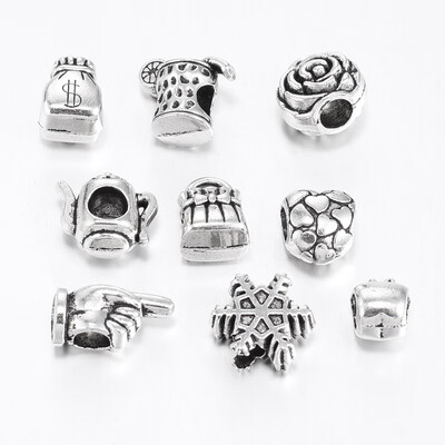 

Mixed Shape Tibetan Style Alloy Large Hole European Beads Antique Silver 1116x813x78mm Hole 455mm about 40pcs100g