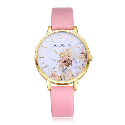 

FanTeeDa Brand Women Print Big Dial Watch Ladies Leather Quartz Watches Gold Color Flower Dress Wristwatch Female 533