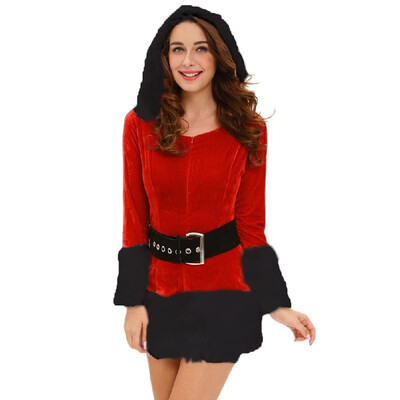 

Sexy Women 3 Piece Hooded Santa Costume Velvet Fur Trim Waistbelt Boot Cover Dress Christmas Performance Uniform BlackWhite