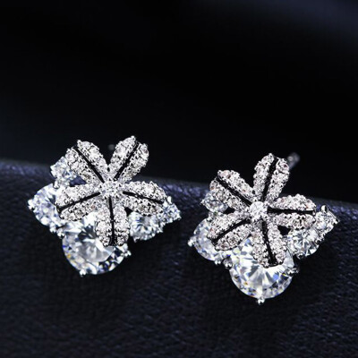 

1 Pair Two-Tone Gold-Plated Zircon Inlaid Stud Square Flower Earrings Wedding Jewelry For Women