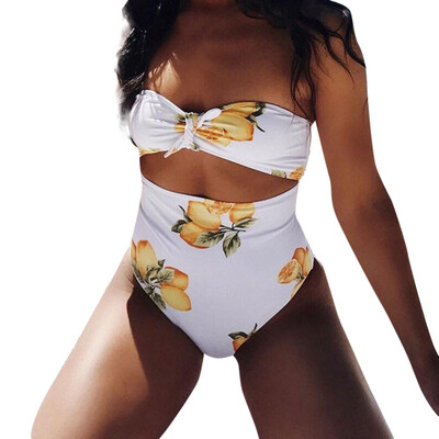 

Saidsome Women Hollow Out Printing Jumpsuit Push-Up Padded Bra Beach Bikini Swimwear