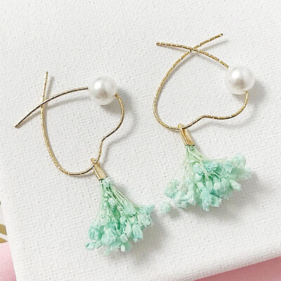 

New Handmade Sweet Eternal Dried Flower Drop Earrings Long Dangle Imitation Pearl Hollow Heart Earring For Women Wedding Jewelry