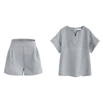 

Women Cotton And Linen Fashion Casual Solid Color Loose Short-sleeved Shirt Shorts Two-piece Suit