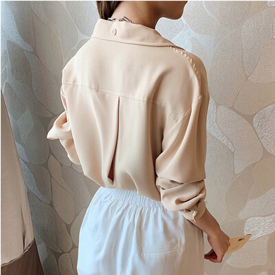 

Autumn New Solid Color Pockets Decoration Blouse Simple Casual Lapel Long Sleeve Women Chiffon Shirt