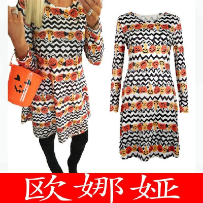 

2019 Spring&Autumn New Halloween Christmas Pumpkin Wave Print Long Sleeve Dress 0165Special wave