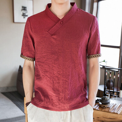 

Mens Linen Short Sleeve Summer Solid Shirts Casual Loose Soft V Neck Tops Tee
