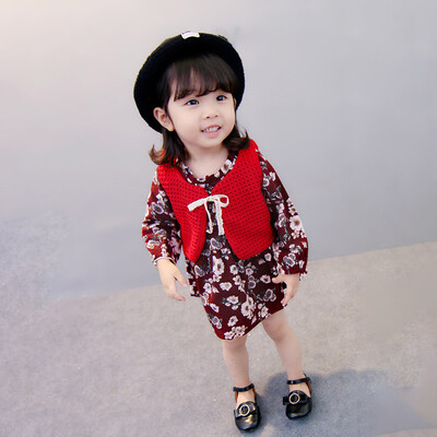 

AutumnSpring Flowers Printed Baby Girls Dress Sets Child Girls Dresses With Knitted Cotton Vest Princess Suits 2 pcs