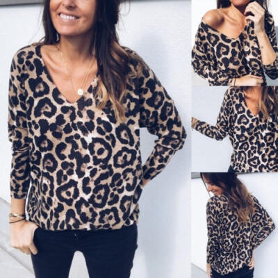 

Women V Neck Bat Long Sleeve Leopard Print Shirts Casual Blouse Tops T-shirt