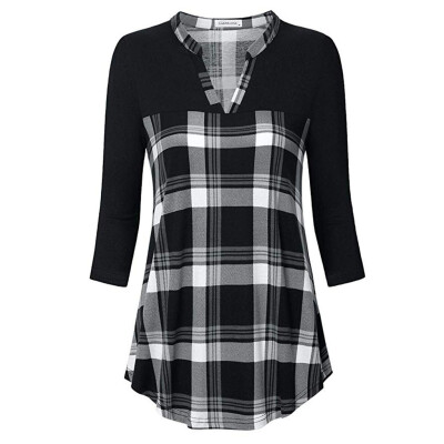 

Nomeni Womens 34 Sleeve Henley V Neck Color Block Plaid Tunic Shirt BKL