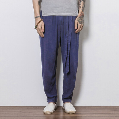 

Gobestart Mens Casual Linen Breathable Loose Long Pants Solid Color Straight Trousers