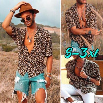 

NEW Mens Leopard Short Sleeve Shirt Summer Cool Loose Casual V-Neck Shirts Tops