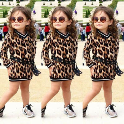 

2Pcs Toddler Kids Baby Girl Leopard Outfits Clothes V-neck Tops DressesBelt Set