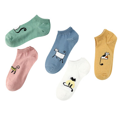 

5Pairs Creative Cotton Cartoon Socks Animal Cat Pattern Socks Women Leisure Breathable Short Socks