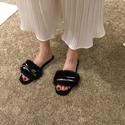 

Fairy wind slippers new style wear autumn Korean version pearl wool shoes flat sole metal chain flip-flops