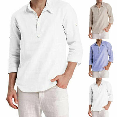 

Herren Baumwolle Leinen Langarm Solid Shirts Casual Bluse Kleid Soft Tops Tee