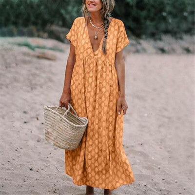 

Women Boho Summer Short Sleeve Long T-Shirt Casual Cotton Loose Dress Plus Size