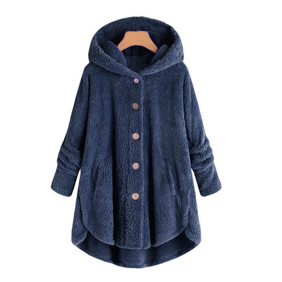 

Toponeto Women Plus Size Button Plush Tops Hooded Loose Cardigan Wool Coat Winter Jacket