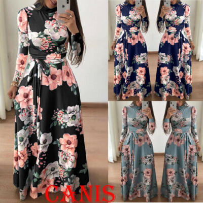 

Plus Size Ladies Long Sleeve Floral Sundress Boho Women Party Bodycon Maxi Dress