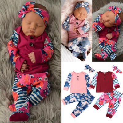 

UK Newborn Baby Girls Winter Outfits Clothes Floral TopsLong PantsHeadband Set