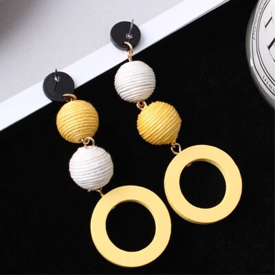 

EK579 New Arrivals Fashion Long Wood Round Drop Earrings Linen Hemp Rope Ball Hit Color Brincos Hyperbole Earrings Women Jewelry
