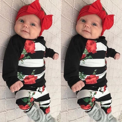 

Flowers Infant Newborn Baby Girl Striped Flower T-shirt Top Pants Outfit Set Clothes