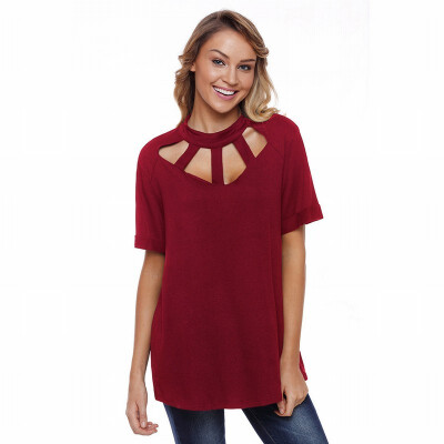 

Solid color round neck short-sleeved openwork back button casual top