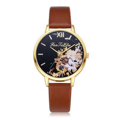 

Hot Selling Women Watches Golden Border Plant Dial Quartz Wristwatch Simple Ladies Leather Strap Clock Relojes Para Mujer