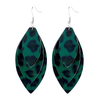

Women Leopard Triple Layer Leaf Shape Faux Leather Long Dangle Hook Earrings