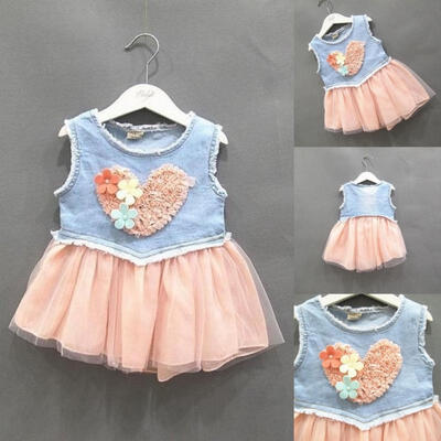 

Girl Baby Toddler Clothing Kids Sleeveless Dress Tutu Party Lace Denim skirt
