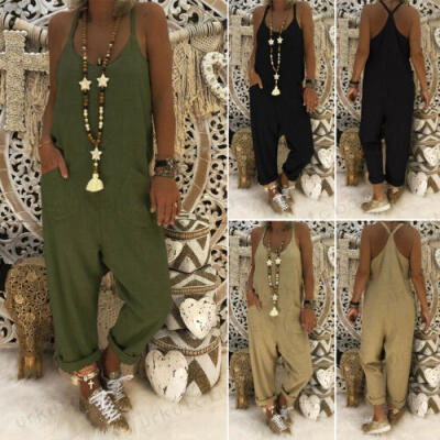 

Womens Casual Strappy Linen Long Pants Jumpsuit Overall Ladies Loose Playsuit