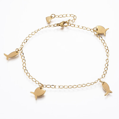 

304 Stainless Steel Charm Anklets with Lobster Clasps&Extender Chains Fish Golden 9-78"250mm 25mm