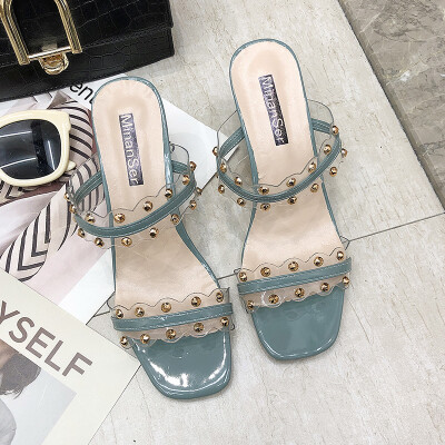 

Fine-heeled open-toed slippers female summer wear fashion rivets sandals&slippers transparent thin Roman high heels